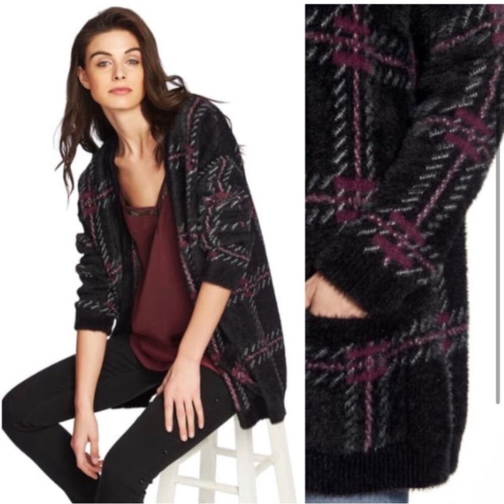 1. State black red plaid fuzzy open cardigan long sweater L